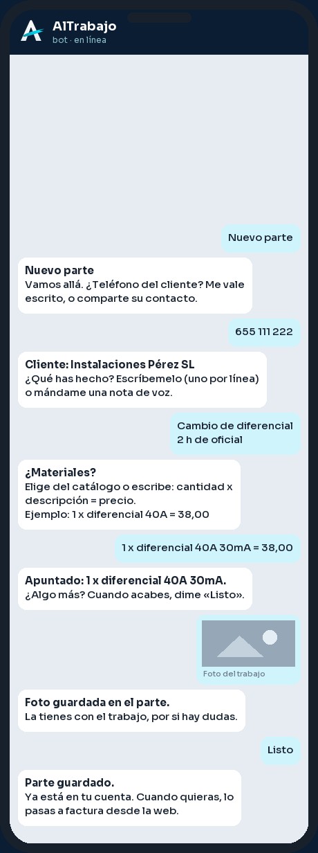 Conversación en Telegram con el bot de AlTrabajo: alta guiada de un parte, elección de materiales con botones y confirmación del trabajo registrado.