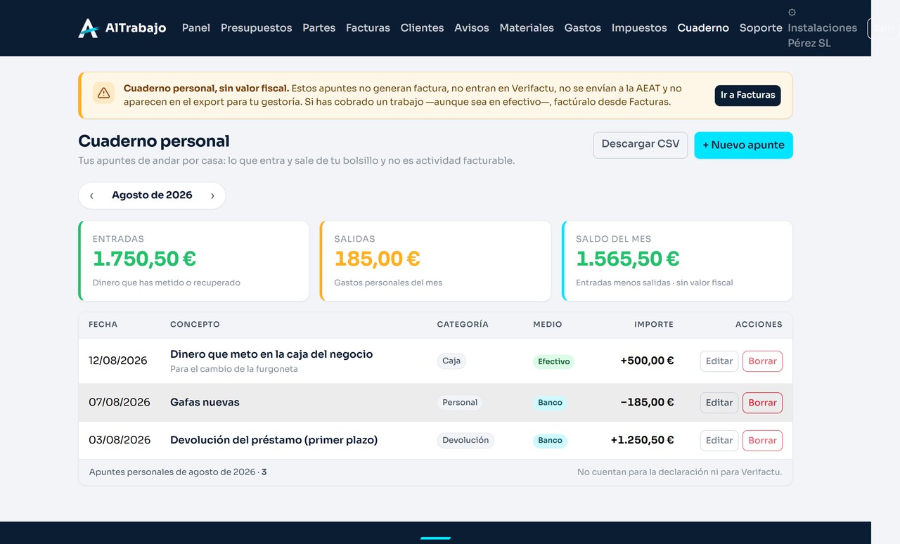 Cuaderno personal de AlTrabajo: lista de movimientos personales del autónomo, marcados como apuntes sin valor fiscal.