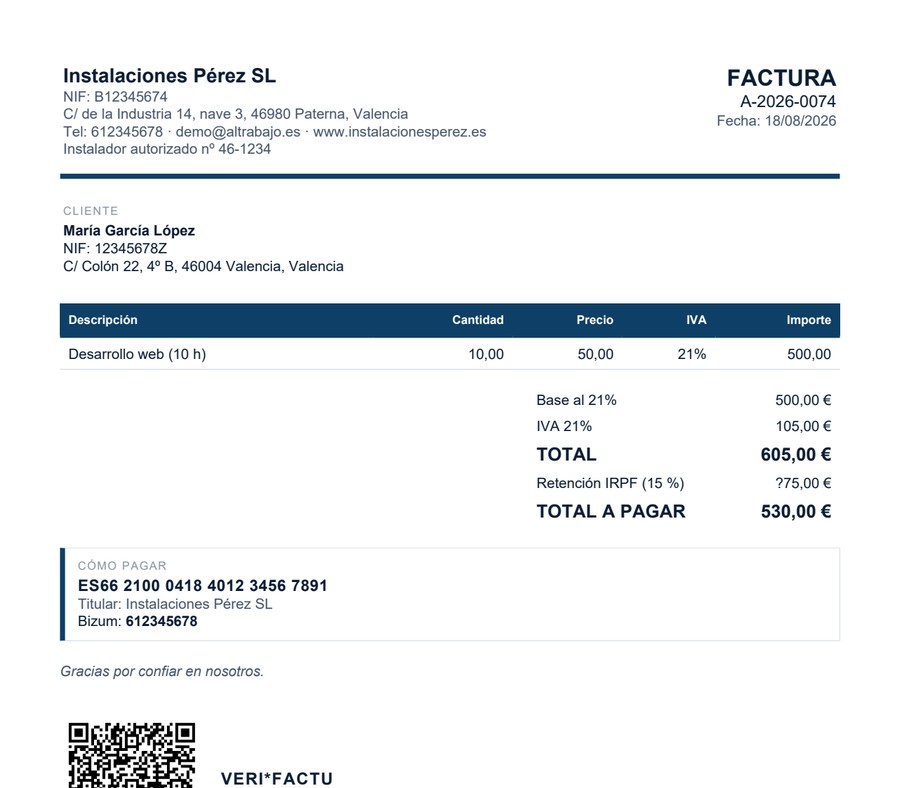 PDF de una factura de AlTrabajo con el desglose de IVA, el código QR de cotejo y la leyenda VERI*FACTU al pie.