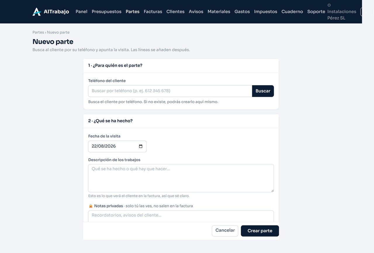 Detalle de un parte de trabajo en AlTrabajo, con los trabajos realizados, los materiales del catálogo y las notas del cliente.